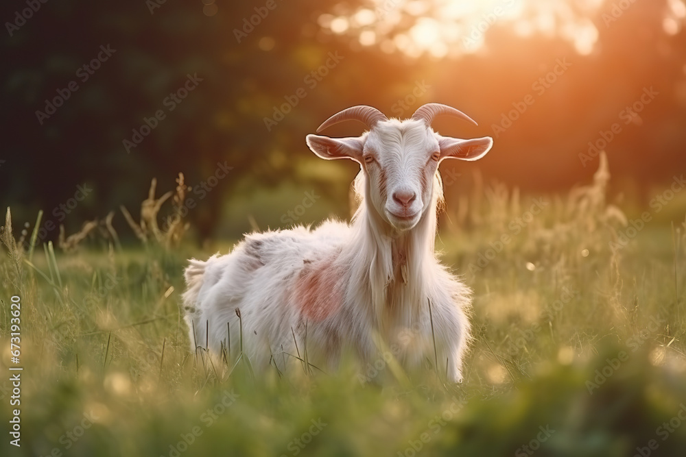 Obraz premium Serene Afternoon: A Goat Resting in the Sunlit Meadow