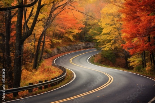 Curvy road winds through colorful fall trees in New England. Generative AI
