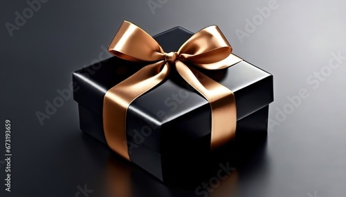 Gift box wrapped in black paper with golden ribbon on dark background. Black Friday, Boxing Day. Copy space for text.