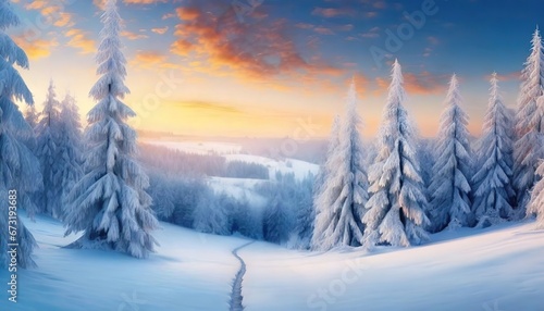 Winter snowy coniferous forest fairy landscape at sunny day background. Happy New Year or Christmas greeting card. Banner. © Juri_Tichonow