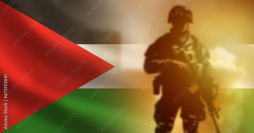 Military soldier. Palestine flag. Palestine defense army. Hamas soldier