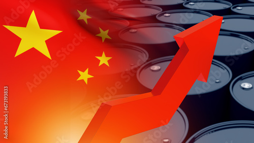 Flag of China. Oil barrels....
