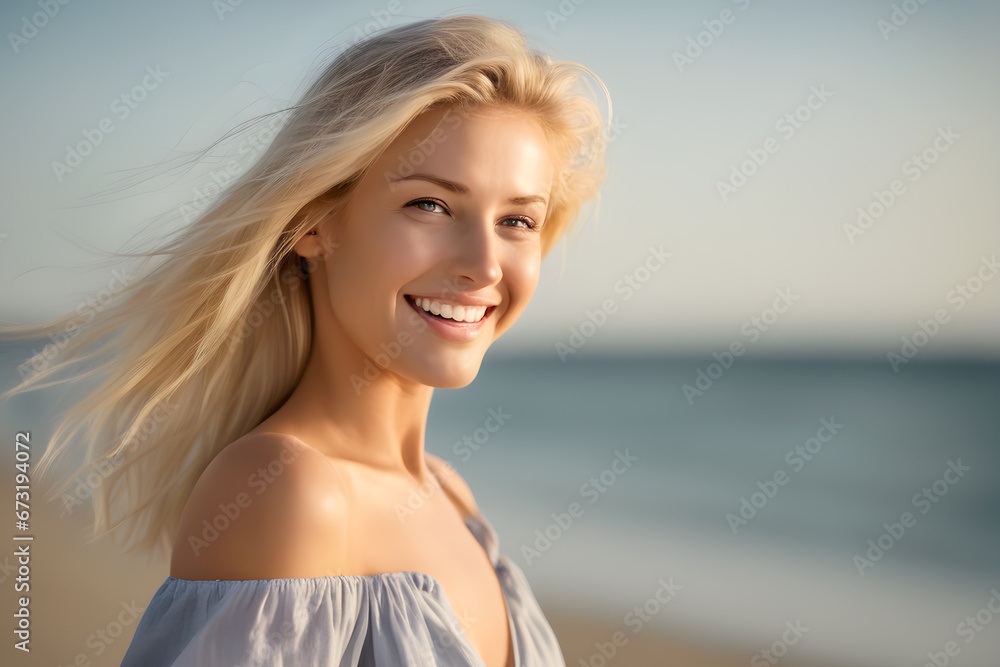 Young stunning blonde woman in long sheer dress with ample cleavages walking on coastline at sunlight with sun shining in her hair and dress, she is smiling and looking at camera Young stunning blonde woman in long sheer dress with ample cleavages walking on coastline at sunlight with sun shining in her hair and dress, she is smiling and looking at camera