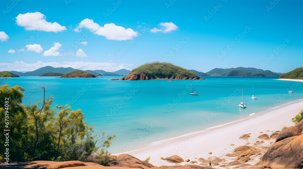 A photo of the Whitsunday Islands, with pristine white-sand beaches as the background, during a sunny day,