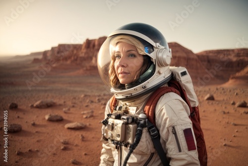 A beautiful adult blonde astronaut woman wearing a white spacesuit looks away at the Mars planet © liliyabatyrova