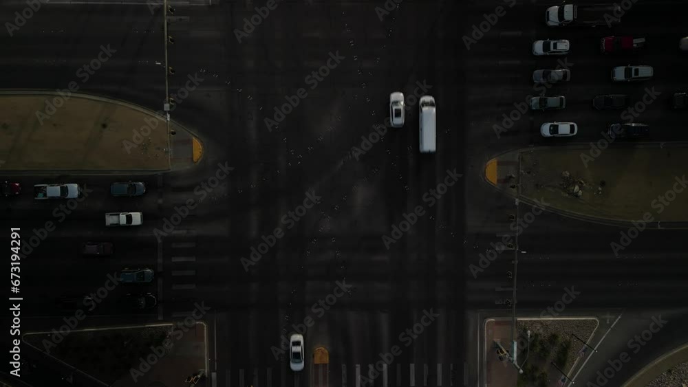 Top down ascending aerial above 4 way intersection in Las Vegas suburbs Top down ascending aerial above 4 way intersection in Las Vegas suburbs