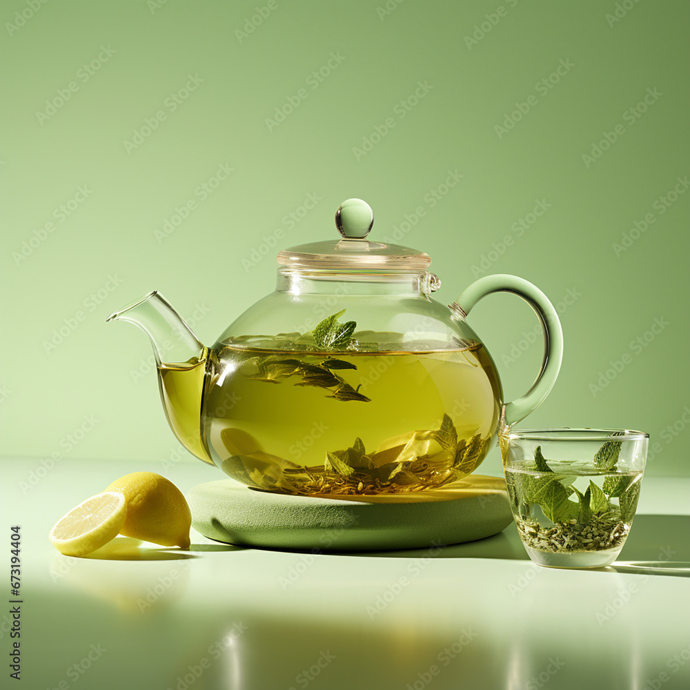 a cup of green tea, fashion, light green background, a galss teapot created with Generative Ai a cup of green tea, fashion, light green background, a galss teapot created with Generative Ai