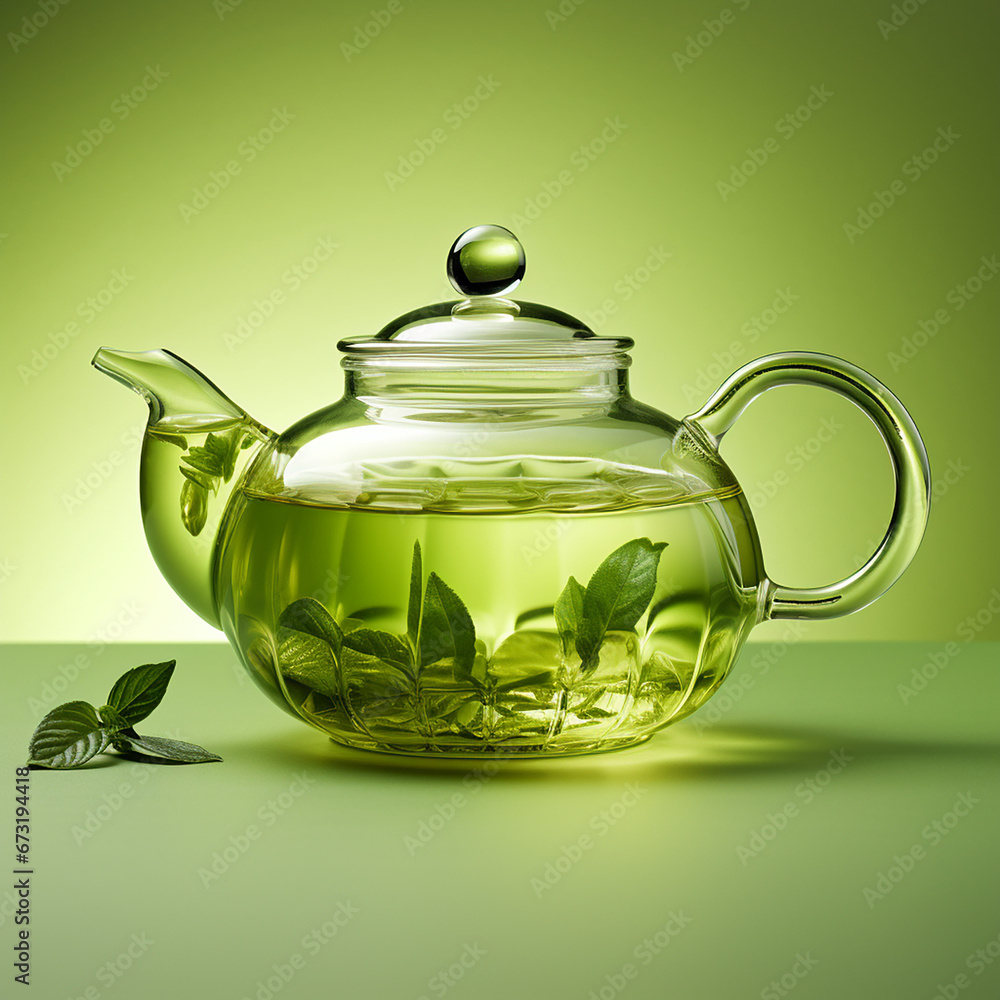 a cup of green tea, fashion, light green background, a galss teapot created with Generative Ai a cup of green tea, fashion, light green background, a galss teapot created with Generative Ai