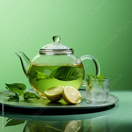 a cup of green tea, fashion, light green background, a galss teapot created with Generative Ai