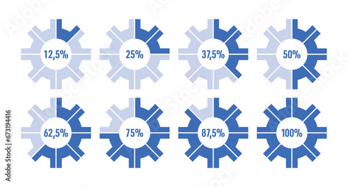 12.5-25-37.5-50-62.5-75-87.5 and 100 percent and wheel symbol. eight options percentage numbers