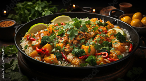 An Vegan Thai Curry With Steamed White Rice in a Plate Selective Focus Background © Image Lounge