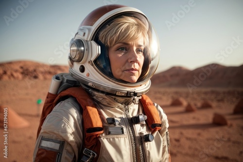 Beautiful cosmonaut woman in a new planet. The first people on Mars concepts © liliyabatyrova
