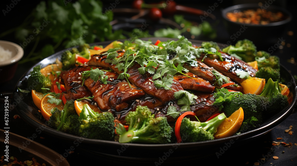 A Classic Dish Spicy Chicken Stir Fry on Blurry Background A Classic Dish Spicy Chicken Stir Fry on Blurry Background