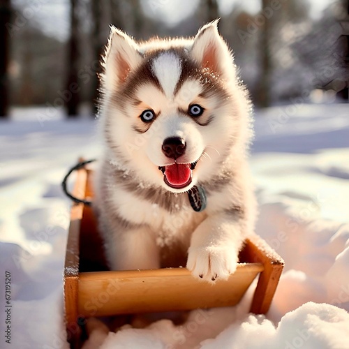 Puppy of husky dog in wintertime 