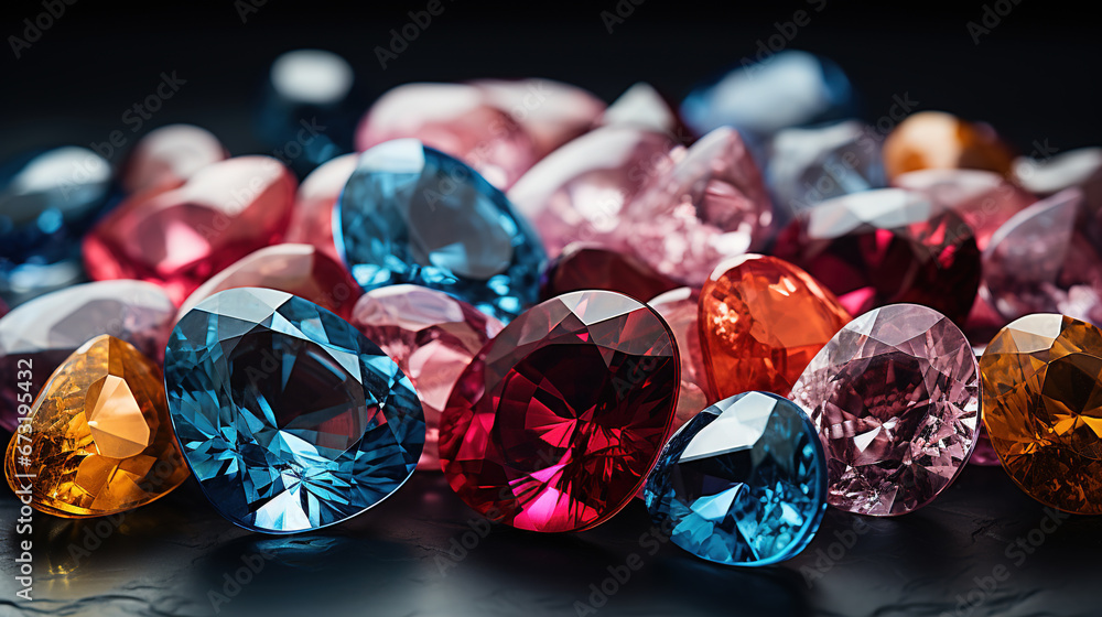 Loose Diamonds in All Shapes and Colours Round-Cushion-Asscher-Teardrop-Pear and Heart Shape etc on Blurry Background Loose Diamonds in All Shapes and Colours Round-Cushion-Asscher-Teardrop-Pear and Heart Shape etc on Blurry Background