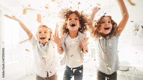 group of childs dancing and cheering about confetti shower at a birthday party photo