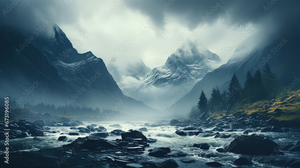 Landscape with Majestic Peaks Shrouded in Mist and Foggy Background