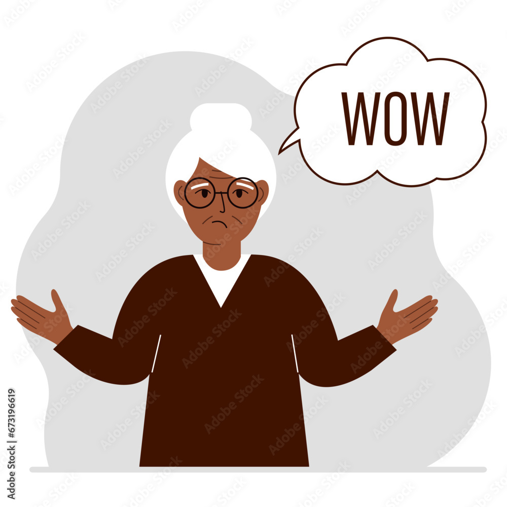 The old woman spreads his arms out to the side. Next to the bubble with the text of the Second World War. The old woman spreads his arms out to the side. Next to the bubble with the text of the Second World War.