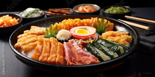 Japanese Shrimp Tempura and Salad of Fresh Vegetables on Blurry Background
