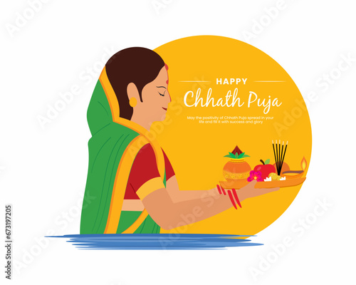 Happy Chhath Puja Indian Women standing in water and worshipping God Sun festival of Bihar, India