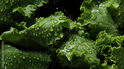 Water Drops on Fresh Green Kale Leaves As Background Defocused