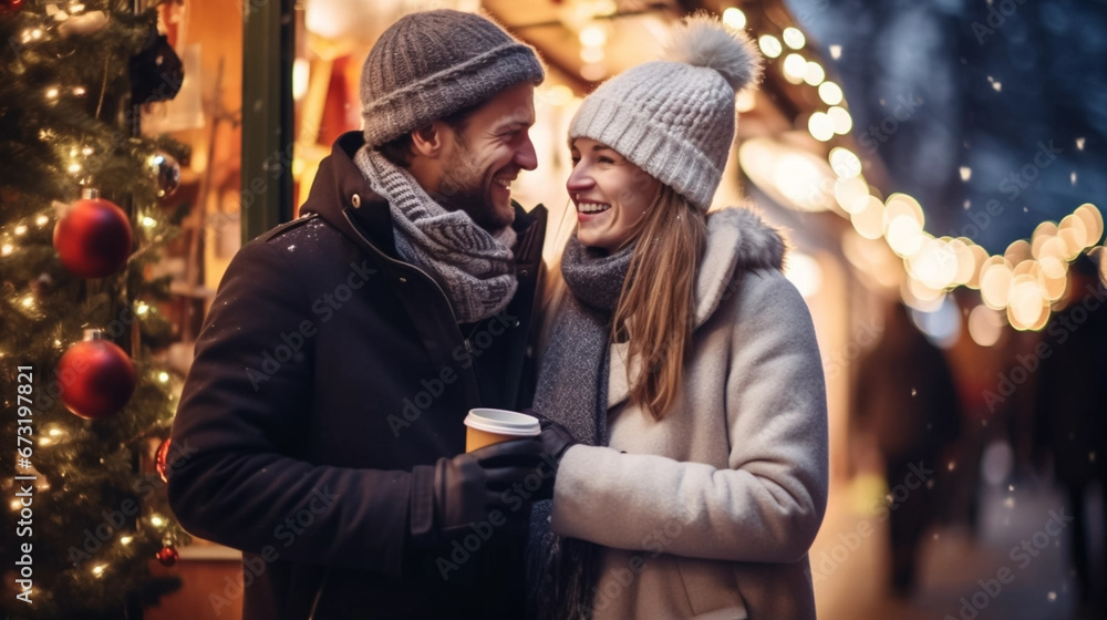 A young cheerful couple having a walk with hot drinks, dressed warm, looking at each other and laughing, snowflakes all around. Enjoying Christmas Market. Chrismas scenery	