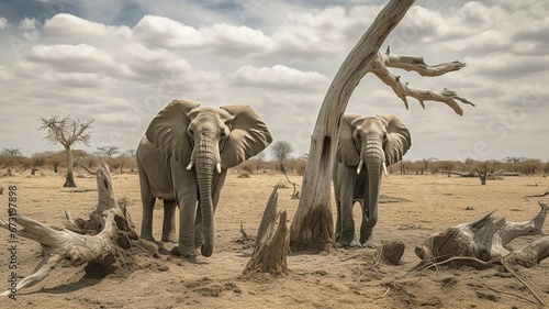 AI generated illustration of two African elephants standing in a dry savannah environment photo