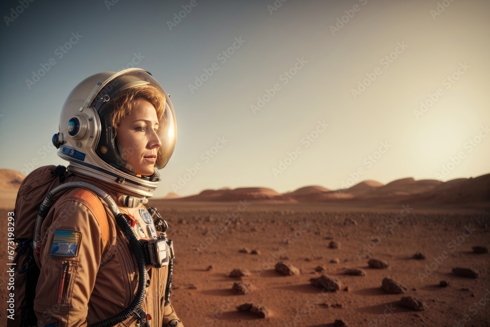 Close-up of a beautiful adult blonde cosmonaut woman putting on a spacesuit in a new planet, copy space.