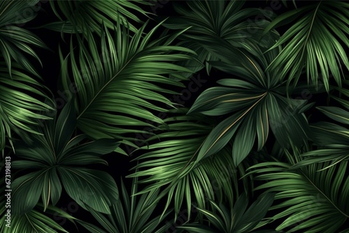 Pattern of lush palm leaves on a black background. Generative AI