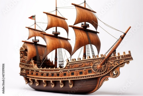 A wooden ship with a caravel design. Generative AI