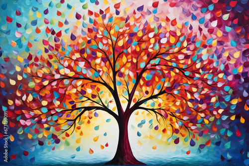 Tree with colorful leaves. tree with hanging branches and multicolored leaves, perfect for interior mural wall art decor.