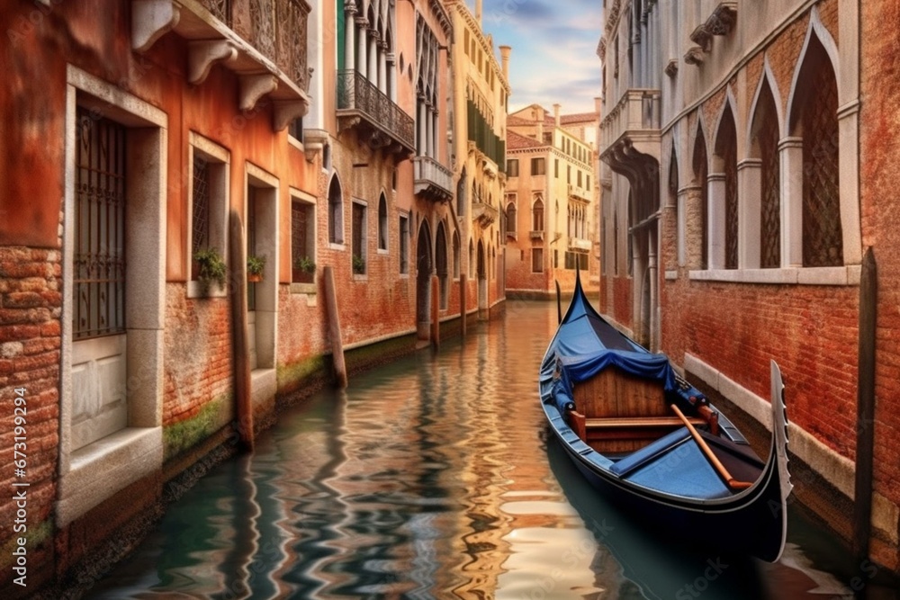 An empty Venetian canal with a motionless gondola resting on exposed ground. Generative AI