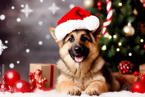 Cute shepherd dog with red Santa hat sits next to a christmas tree with christmas decoration. Concept: Animals do not belong under the Christmas tree © EKH-Pictures