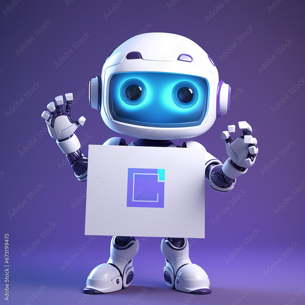 a cool AI character holding a sign in a classic way and the sign is blank, clean and in purple and blue colors created with Generative Ai a cool AI character holding a sign in a classic way and the sign is blank, clean and in purple and blue colors created with Generative Ai