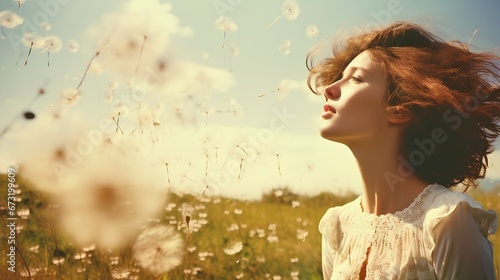 A girl in dandelion seeds in a rustic meadow during a sunny afternoon