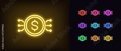 Outline neon digital Dollar icon set. Digital USD token, neon dollar coin sign with connections. Central bank digital currency. Virtual money, cryptocurrency network transactions. Vector icon set