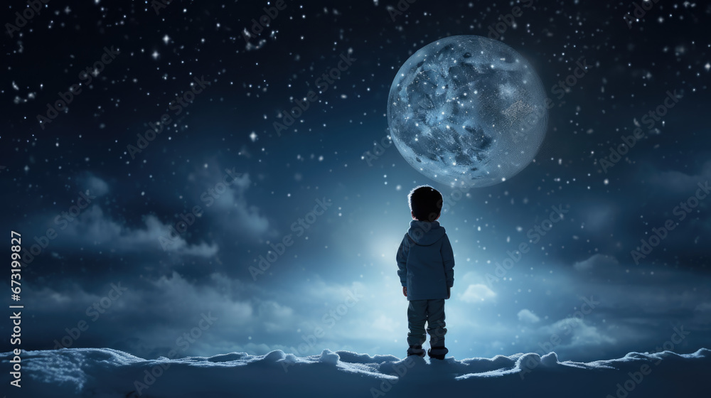 A child in warm winter clothing stands in a snowy landscape at night, gazing at a bright star, with a small illuminated Christmas tree in the background creating a magical holiday scene.