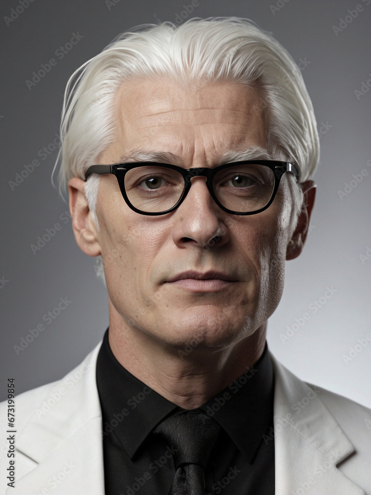 advertising portrait of middle aged man with white hair and modern glasses for optician's shop