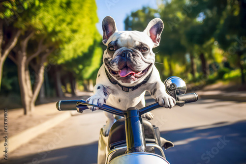Funny French bulldog rides a speed motorbike and enjoys the weekend trip © EKH-Pictures