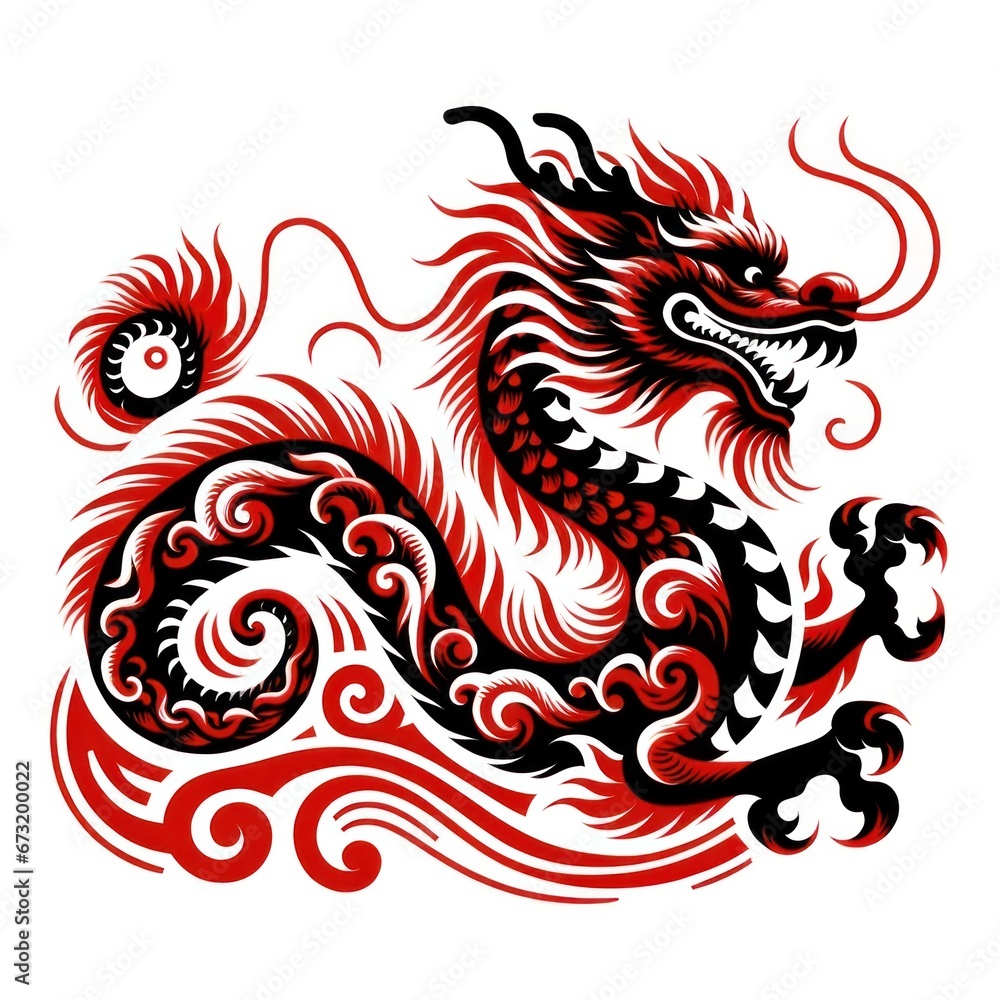Ink drips and bold strokes create a fiery red and black dragon, swirling with the energy of the chinese new year 2024, in this stunning drawing that combines elements of traditional art