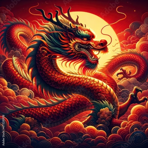 A fierce red dragon dances in the light of the full moon, heralding the arrival of the chinese new year in 2024 with a stunning painting of majestic animals illustrations of dragons, reptiles, snakes © Glittering Humanity