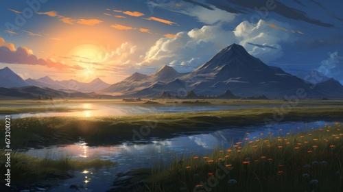 Stunning anime style background featuring a beautiful sunrise, fluffy clouds, lake, and a bright sun.