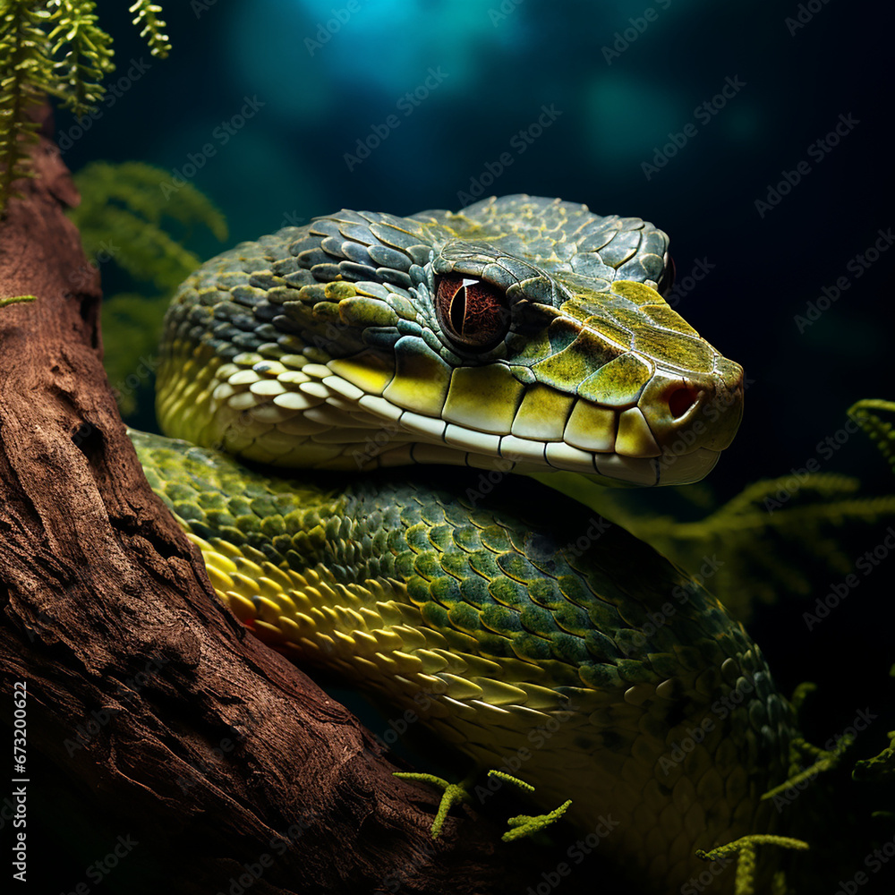 Snake Rapped Around Tree pit viper snake wrapped around tree branch vertically with head forward ...
