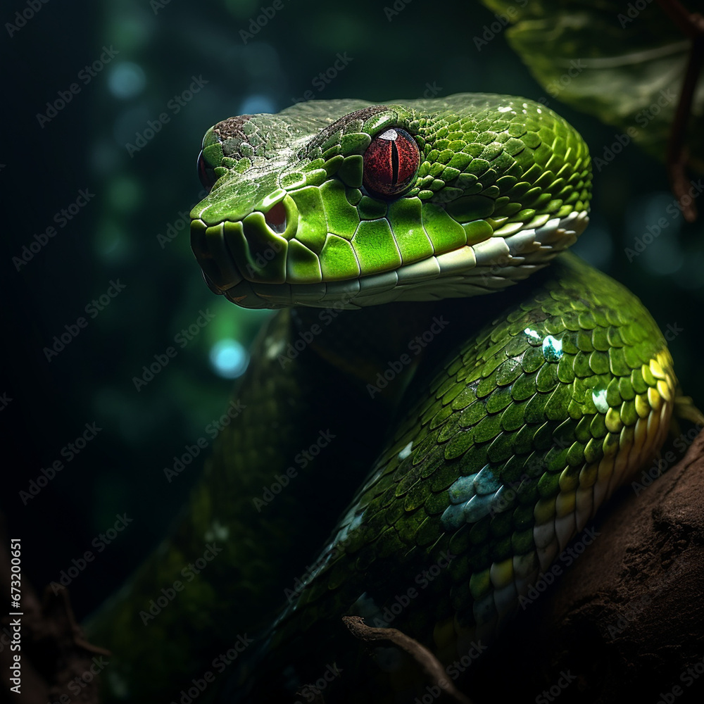 Fototapeta premium pit viper snake wrapped around tree branch vertically with head forward created with Generative Ai