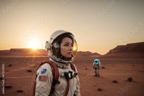 Beautiful young cosmonaut woman putting on a spacesuit in a new planet. © liliyabatyrova