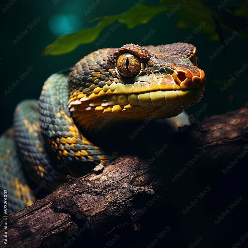Fototapeta premium pit viper snake wrapped around tree branch vertically with head forward created with Generative Ai