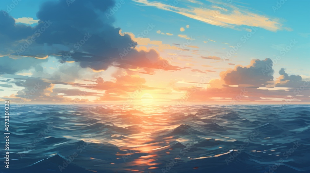 Picturesque landscape with a cartoon summer sunrise, fluffy clouds, sea, and bright sun.