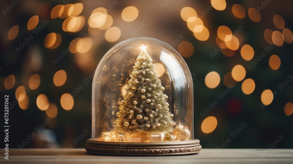 Christmas tree in a glass dome standing on a table, a fragment of the Christmas tree and bokeh lights in the background Christmas tree in a glass dome standing on a table, a fragment of the Christmas tree and bokeh lights in the background