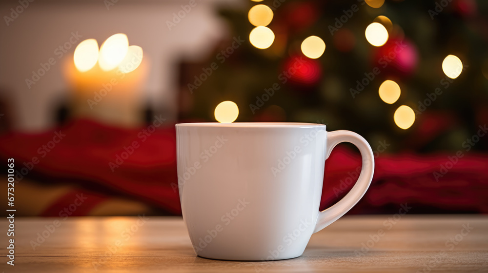 A cup with hot tea on the background of a blurry decorated Christmas tree A cup with hot tea on the background of a blurry decorated Christmas tree