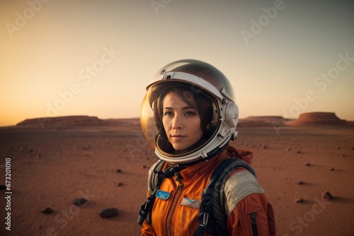 Beautiful young cosmonaut woman putting on a spacesuit in a new planet. © liliyabatyrova